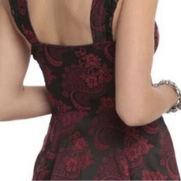 🍒 HEARTS & ROSES Red Black Brocade Sleeveless Lace Up Corset Full Dress Small - Picture 6 of 10